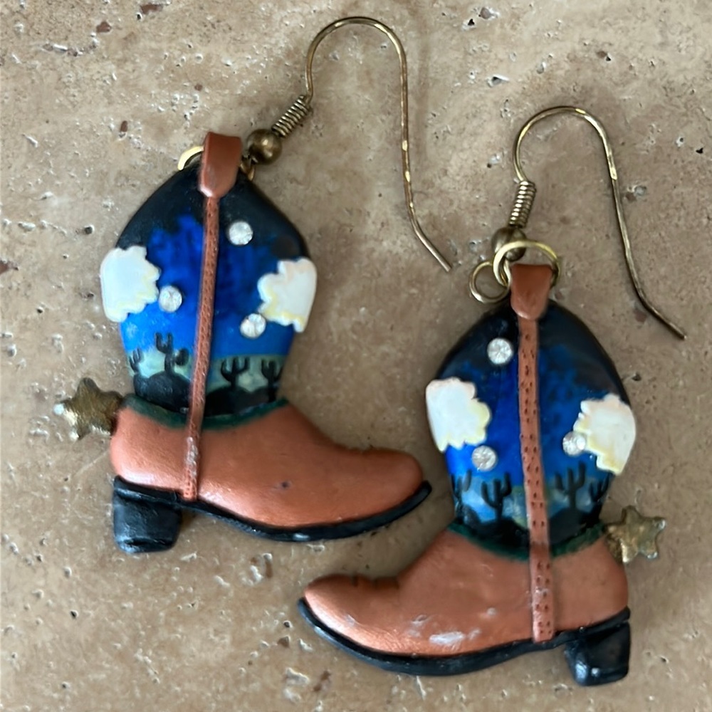 True VTG Cowboy Boot earrings, handmade, signed HJ’93
